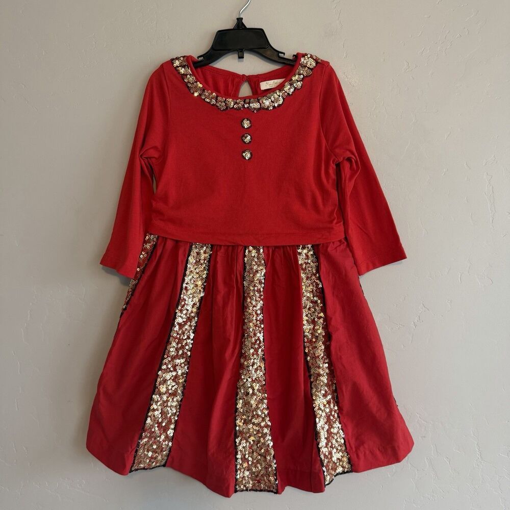 Mini Boden Girls Red Gold Sequin Dress Size 7-8 Cotton Flare Long Sleeve Holiday